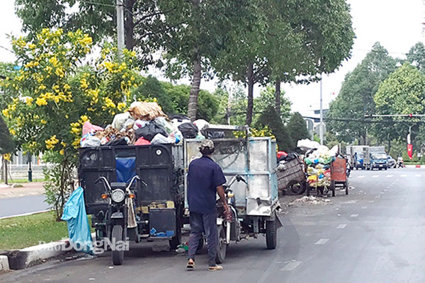 Những xe thu gom đầy rác tập trung về điểm để chờ sang tiếp rác trên đường Nguyễn Ái Quốc (P.Trung Dũng, TP.Biên Hòa) khiến mùi hôi từ rác tỏa ra cả một đoạn đường dài. Ảnh: P.Liễu