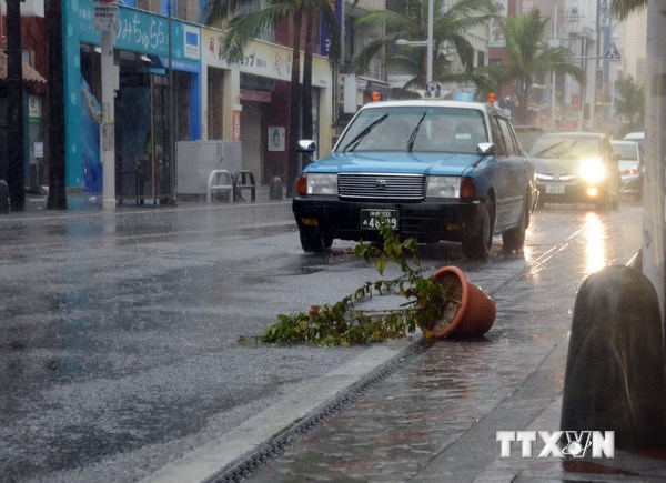 Gió mạnh và mưa lớn do bão Vongfong gây ra tại Naha. (Nguồn: AFP/TTXVN)