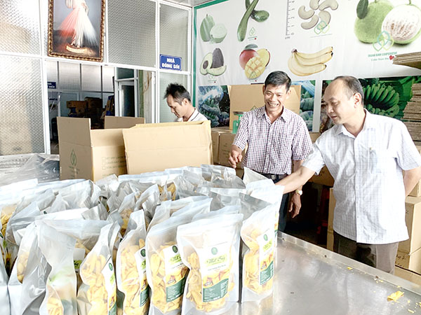 Phó giám đốc Sở NN-PTNT Trần Lâm Sinh (bìa phải) thăm xưởng chế biến trái cây sấy tại HTX Thanh Bình (xã Thanh Bình, H.Trảng Bom). Ảnh: L.Quyên