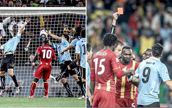 Khoảnh khắc Suarez dùng tay cản bóng trên vạch vôi giúp Uruguay loại Ghana tại World Cup 2010. Nguồn: Internet