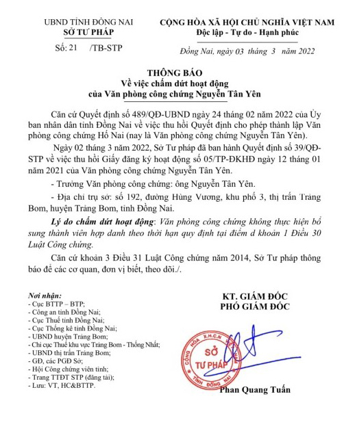 Văn bản của Sở Tư pháp về việc chấm dứt hoạt động của Văn phòng công chứng Nguyễn Tân Yên